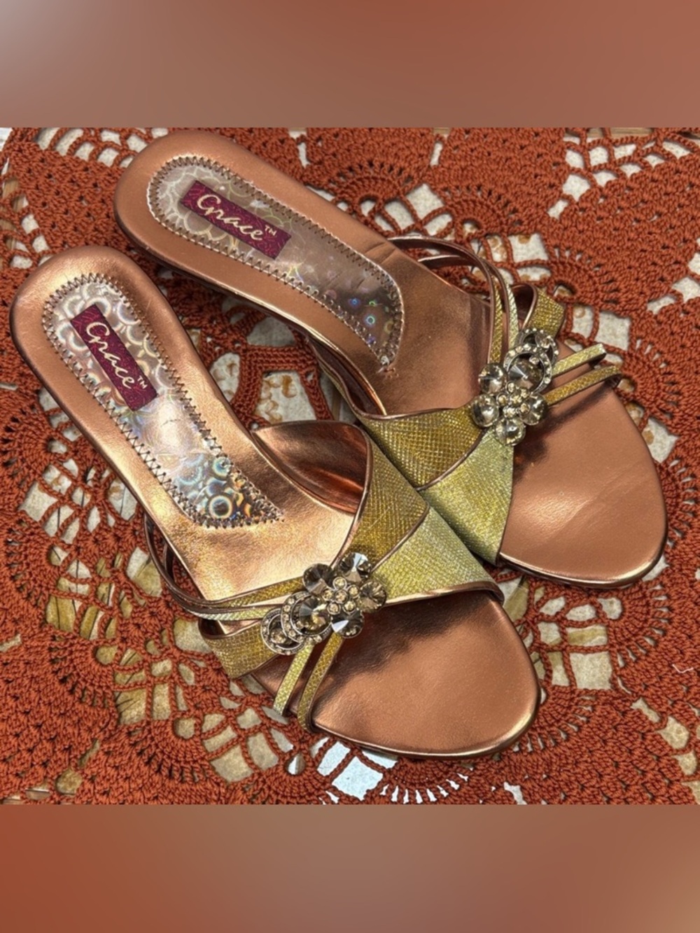 Grace Bronze & Gold Rhinestone Kitten Heel Sandals